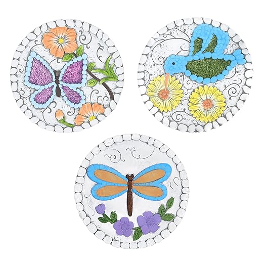 3 Pack Cement Stepping Stones Outdoor 10 Inch Round Garden Stepping Stones with Hand-Painted Flowers, Decorative Patio Pavers for Outside Walkway, Dragonfly Butterfly Garden Decor Hummingbird Gifts