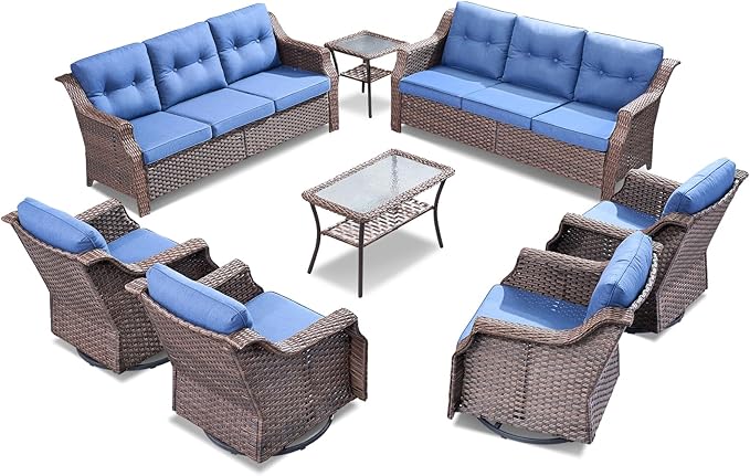 Outdoor Patio Furniture Set-8 Piece High Back Outdoor Furniture Set Sectional Sofa with Wicker Swivel Rocker Patio Chairs,Thick Cushions Ottomans for Porch Balcony Patio Deck Brown/Blue