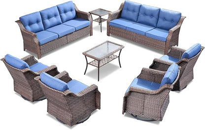Outdoor Patio Furniture Set-8 Piece High Back Outdoor Furniture Set Sectional Sofa with Wicker Swivel Rocker Patio Chairs,Thick Cushions Ottomans for Porch Balcony Patio Deck Brown/Blue
