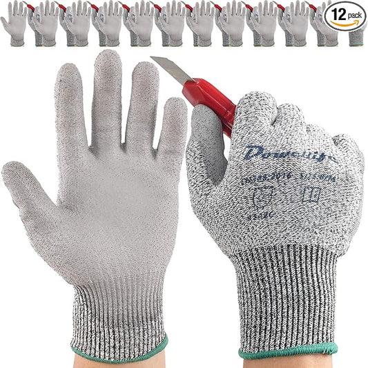 Dowellife 12 Pairs Level 5 Cut Resistant Work Gloves for Men and Women, PU Coated Breathable Gardening Gloves, Thin Flexible and Firm Grip for Mechanics and Fishing (Large, Grey)