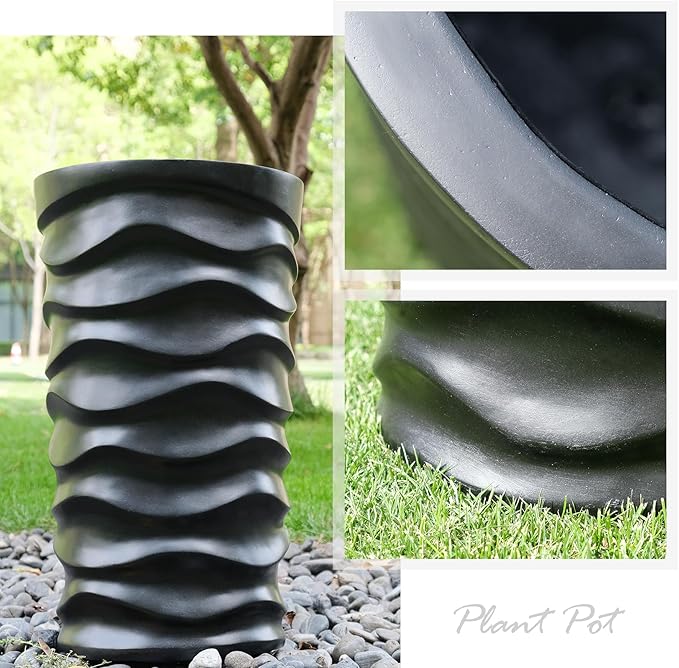 Tall Planter Outdoor Indoor, 2 Pack Extra Large Plant Pots 20" 18" H Tall Large Tree Planter-Modern Matte Wavy Flower Pot for Indoor Outdoor Proch Decor (Black)