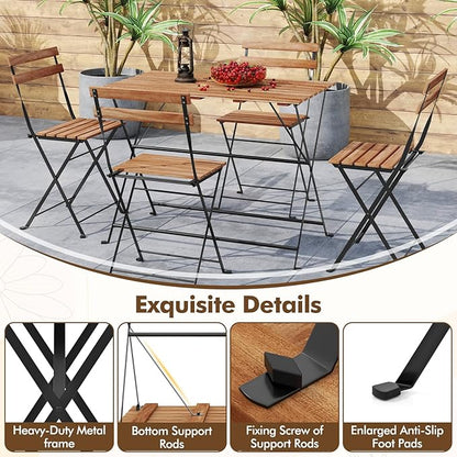 Giantex 5-Piece Outdoor Dining Table Set for 4, Acacia Wood Bistro Table with 4 Folding Patio Chairs, Slatted Seat & Tabletop, Metal Frame, for Yard Porch Garden Poolside (Black + Brown)