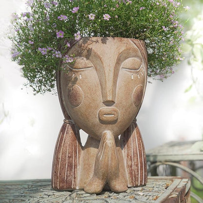 Face Planter Pots with Drainage Hole, Resin Head Planters for Indoor Plants Flower Plant Pots Succulent Pot, Cute Girl Face Planter Gifts for Lover-Praying
