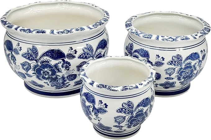 Galt International Floral Blue & White Round Porcelain Ceramic Plant Flower Planter Pot Set of 3 (8", 10", 12") Garden Pots Chinese Asian Design