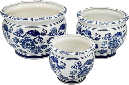 Galt International Floral Blue & White Round Porcelain Ceramic Plant Flower Planter Pot Set of 3 (8", 10", 12") Garden Pots Chinese Asian Design