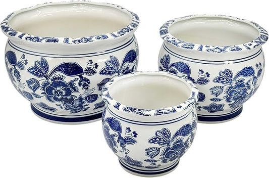 Galt International Floral Blue & White Round Porcelain Ceramic Plant Flower Planter Pot Set of 3 (8", 10", 12") Garden Pots Chinese Asian Design