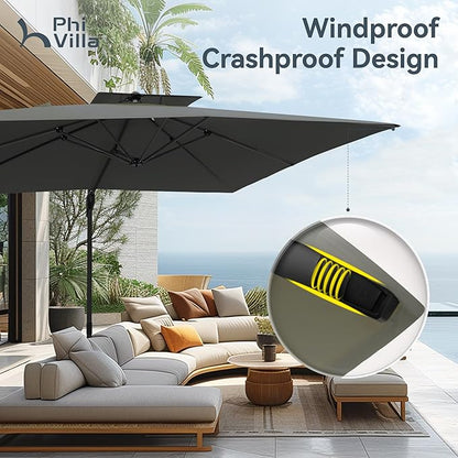 PHI VILLA 9'x 12' Large Patio Umbrella, Outdoor Aluminum Cantilever Umbrella with Double Top Rectanglar Canopy, Windproof Hydraulic Offset Umbrella for Pool, Deck, Garden, Beach, Porch, Grey