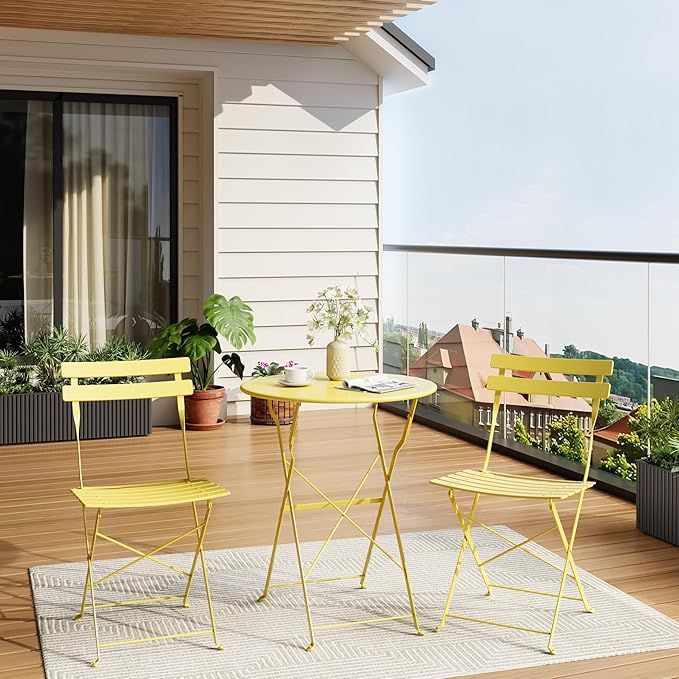Patio Bistro Set, 3-Piece Outdoor Folding Table and Chairs, Premium Steel Frame Weather Resistant Conversation Sets of 2, Space Saving Patio Furniture for Backyard Balcony Porch Garden