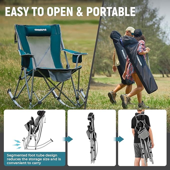 FUNDANGO Rocking Camping Chair, High Mesh Back Portable Folding Camp Chairs with Pillows, Cup Holder and Carry Bag for Lawn Patio Garden Outdoor Supports 300 Lbs (Green/Grey)