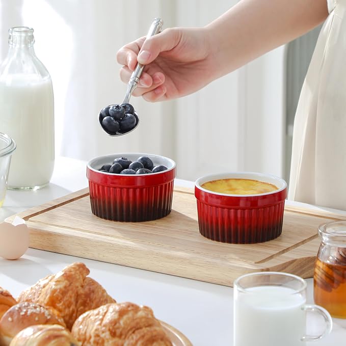 MALACASA Ramekins 4 oz Oven Safe, Small Ceramic Souffle Dishes for Creme Brulee Souffle, Stoneware Custard Cups Ramiken for Baking, Baking Bowls Dipping Sauce Dish Set of 6, Red, Series RAMEKIN-DISH
