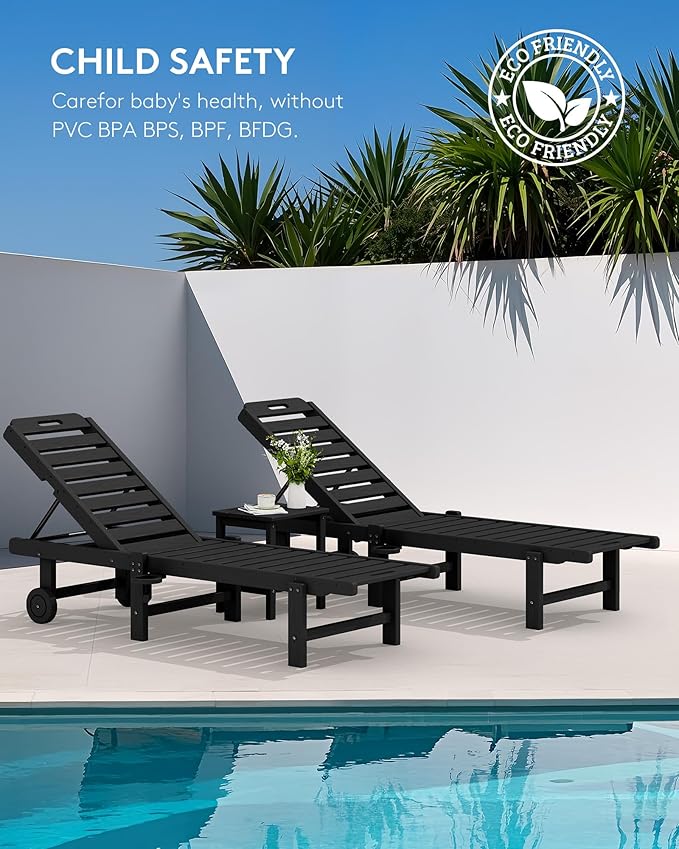 SERWALL Patio Chaise Lounge, HDPE Outdoor Lounge Chair with Cup Holder, 5 Positions Adjustable Poly Lounge Chair with Rolling Wheels for Poolside, Deck, Sunbathing, Black