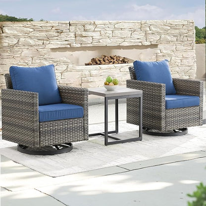 Outdoor Patio Swivel Rocker Chairs - 3 Piece Wicker Patio Furniture Bistro Swivel Rocking Chairs Set with Comfortable Cushions,Sturdy Metal Frame and Side Table for Porch Deck(Mixed Grey/Blue)