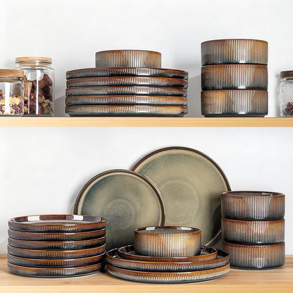 TheTerra Ceramic Dinnerware Sets for 8, 24 Pieces Porcelain Lightweight Plates and Bowls Sets, Scratch Resistant Dish Set, Oven & Microwave & Dishwasher Safe, Brown
