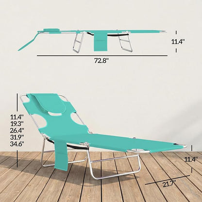 Outsunny Chaise Lounge Chairs Set of 2 Outdoor with Face Arm Hole, 5-Position Reclining Face Down Tanning Chairs with Carry Strap, Side Pocket, Portable Folding Bed Cots for Patio Pool, Light Green