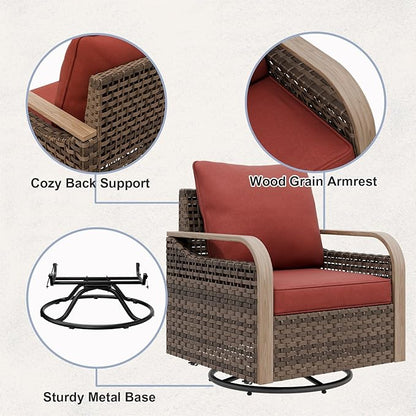 COOS BAY Modern Wicker Outdoor Furniture Set, Patio Conversation Set with Swivel Rockers, 2 Seat Loveseat, and Ottomans, 5 Piece, Brown/Red