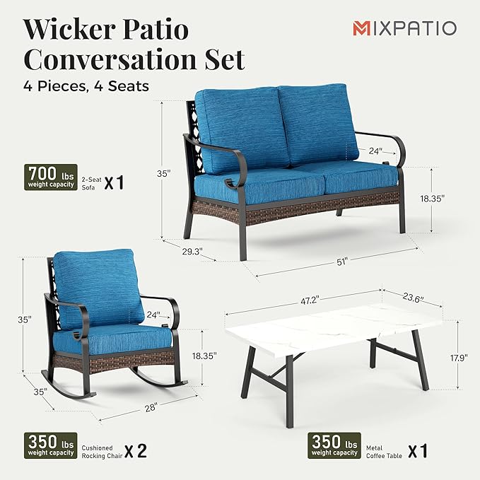 Patio Furniture Set with Firepit Table, Black Frame Outdoor Conversation Set with 2 x Rocking Chair, 1 x 2-Seat Sofa for Lawn Garden Backyard, Pacific Blue