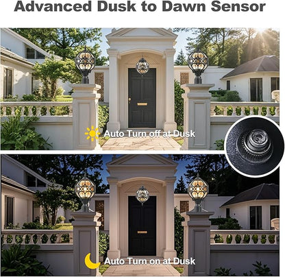 Dusk to Dawn Soccer Ball Outdoor Post Light for Lawn Porch Yard Driveway, Black Outside Globe Lamp Post Light, 3" Pier Mount Sphere Lantern Lighting, Exterior Pole Post Light(2 Pack)