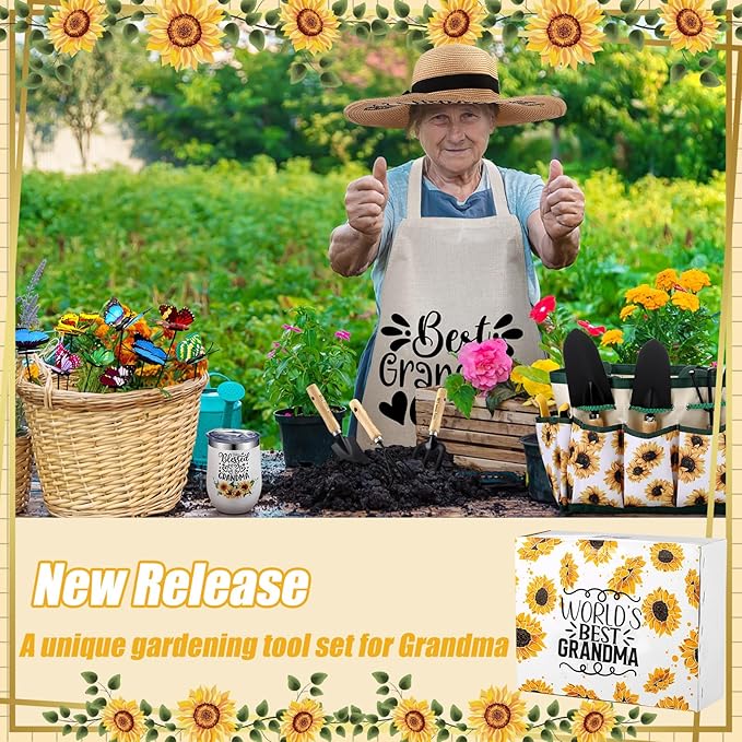 Lasnten 16 Pcs Mothers Day Garden Gift for Grandma Women Garden Tools Sunflower Birthday Gardening Supplies from Grandson Gloves Apron Insulation Cup Fork Trowel Tote Bags for Plant Lover Present