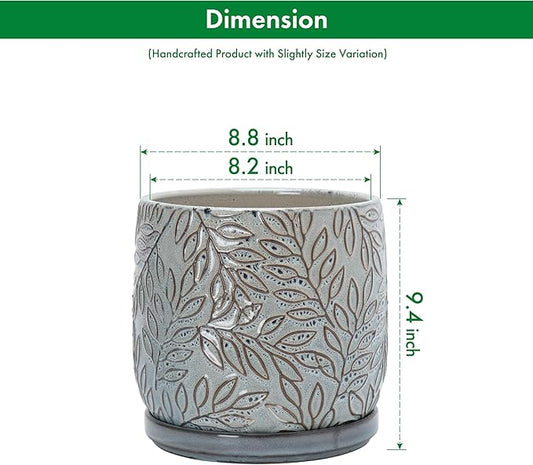 D'vine Dev 8 Inch Embossed Leaves Stoneware Planter Pot with Drainage Hole and Saucer, Graphite Blue, 27-A-Q-9
