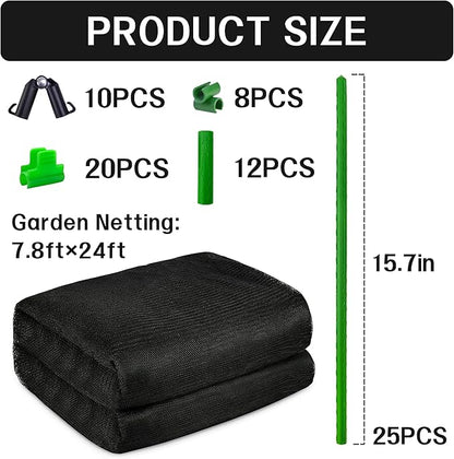 U0U Garden Mesh Netting Kit,7.8 x 24 Ft Ultra Fine Mesh Netting with Garden Hoops,Garden Netting Set for Raised Beds,Bird Netting Protection for Vegetable Plants Birds Animals Protection (Black)