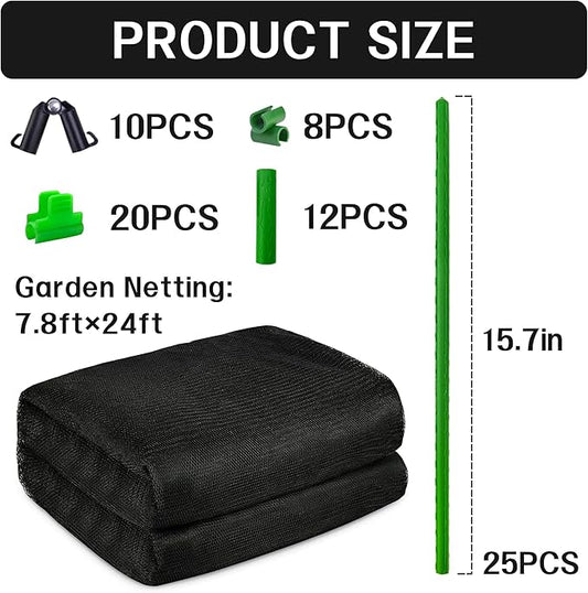 U0U Garden Mesh Netting Kit,7.8 x 24 Ft Ultra Fine Mesh Netting with Garden Hoops,Garden Netting Set for Raised Beds,Bird Netting Protection for Vegetable Plants Birds Animals Protection (Black)