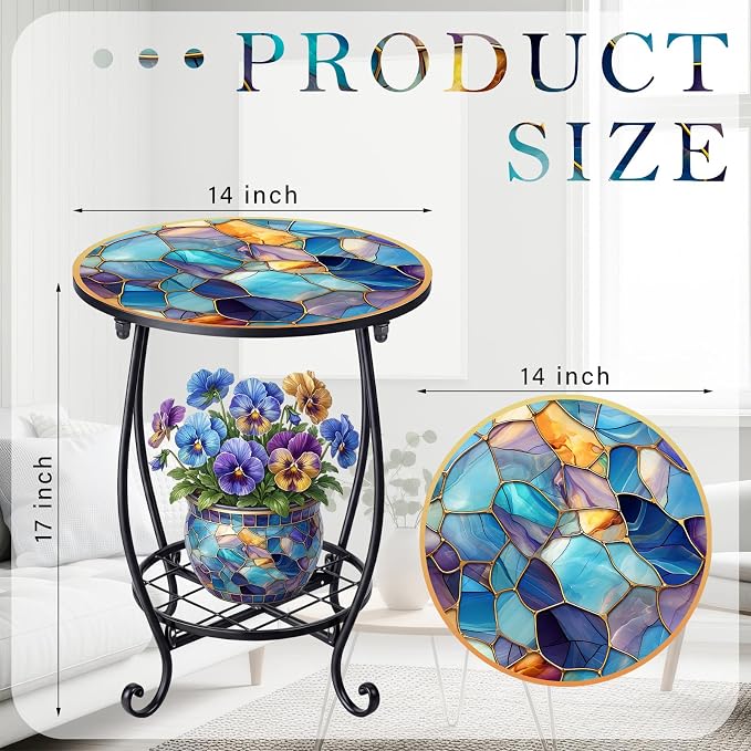 Cinnvoice Outdoor Side Table Round Small Mosaic Patio Accent Indoor End Plant Coffee Tea Table for Yard Patio Porch Garden Living Room, Bedroom(Marble Style,14 Inch)