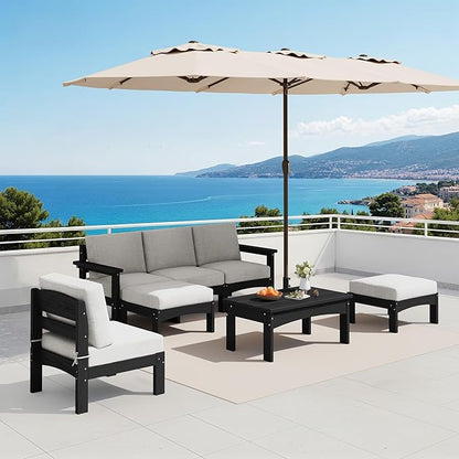 SERWALL 7 Pieces HDPE Patio Furniture Set with 15FT Double Side Patio Umbrella, Patio Conversation Set, All-Weather Modular Patio Sofa Set for Deck, Garden, Porch, Black Frame with Khaki Cushion
