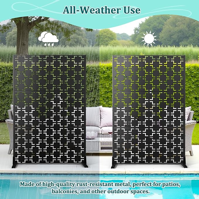 Metal Privacy Screen Outdoor Privacy Screen, Freestanding Fence Panel for Outside, 72''H×47''W, Decorative Screen Panel for Backyard/Patio/Deck