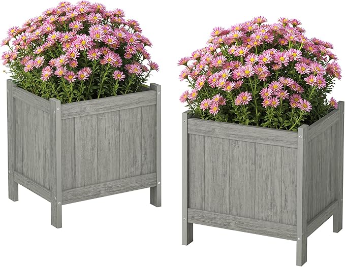 LUE BONA Outdoor Plant Pots Set of 2, 13.7" x 12.5" x 14.5" HDPS Flower Pots with Drainage Holes, Outdoor Planter Box for Outdoor Plants - Porch Patio, Garden or Entryway, Light Gray-Oil Printed
