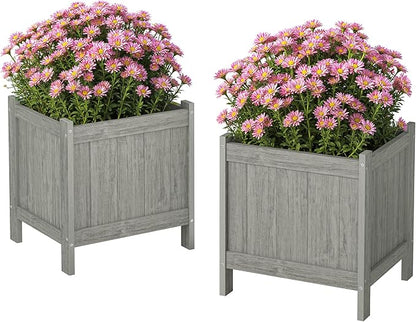 LUE BONA Outdoor Plant Pots Set of 2, 13.7" x 12.5" x 14.5" HDPS Flower Pots with Drainage Holes, Outdoor Planter Box for Outdoor Plants - Porch Patio, Garden or Entryway, Light Gray-Oil Printed