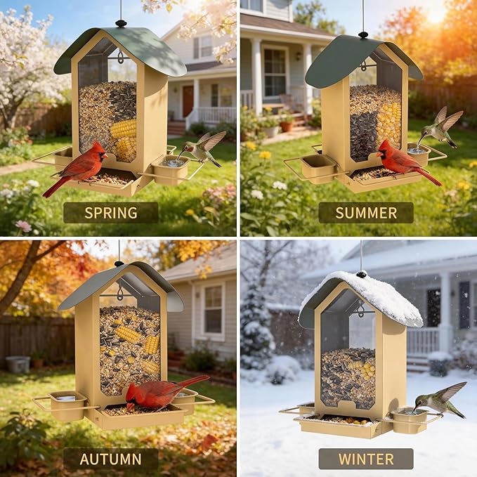 FlowaFoli Metal Bird Feeders for Outdoors | Both Sides Removable Feeding Troughs for Easy Cleaning | 360 Degree Perch | Perfect for Attracting Wild Birds