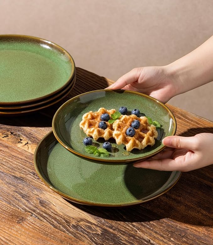 LERATIO Ceramic Dinnerware Sets for 4, 12 Pieces Ceramic Plates and Bowls Sets, Scratch Resistant Dish Set, Oven, Microwave & Dishwasher Safe-Sage Meadow Green