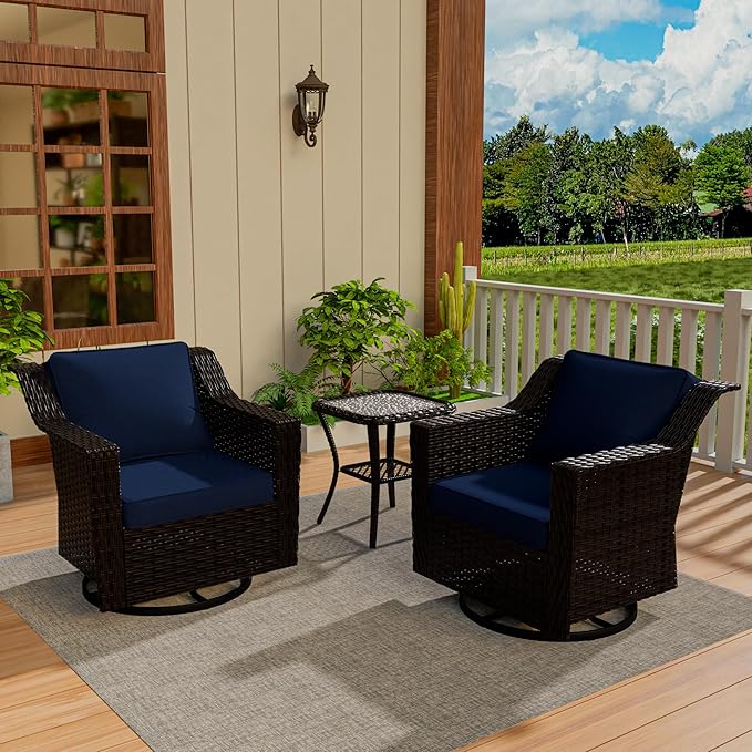 VistaVibe 3 Pieces Outdoor Patio Conversation Furniture Set - 360 Degree Swivel Glider Rocker Chairs | Wicker End Table, Washable Cushions, Hand-Woven PE Rattan, Lawn, Sunroom (Brown/Navy)