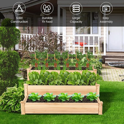 COSTWAY 3-Tier Raised Garden Bed, Wooden Elevated Planter Box for Vegetables Flowers Herbs Fruits, Outdoor Growing Planter Box Stand for Garden, Backyard, Patio, Balcony