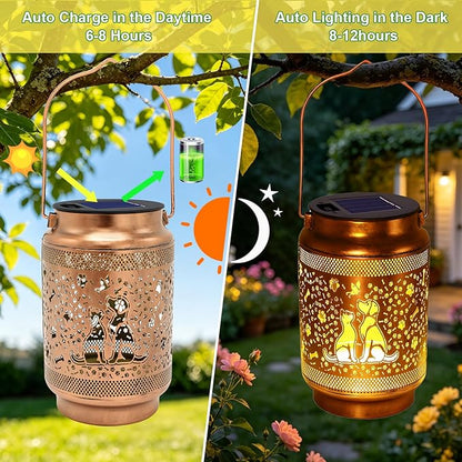 Dog Solar Lanterns Outdoor Waterproof Solar Garden Decor, Birthday Gifts for Mothers Day Women Mom Grandma, Metal Hanging Lights with Shepherd Hook for Outside Yard Patio Pathway Backyard Porch