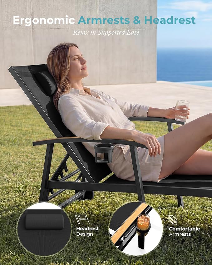 Ciokea Outdoor Lounge Chair with Pillow, 5-Position Aluminum Chaise Lounge with Wheels & Armrests, 400 lbs Heavy Duty Patio Pool Chair for Backyard, Deck, Beach & Poolside (Black)