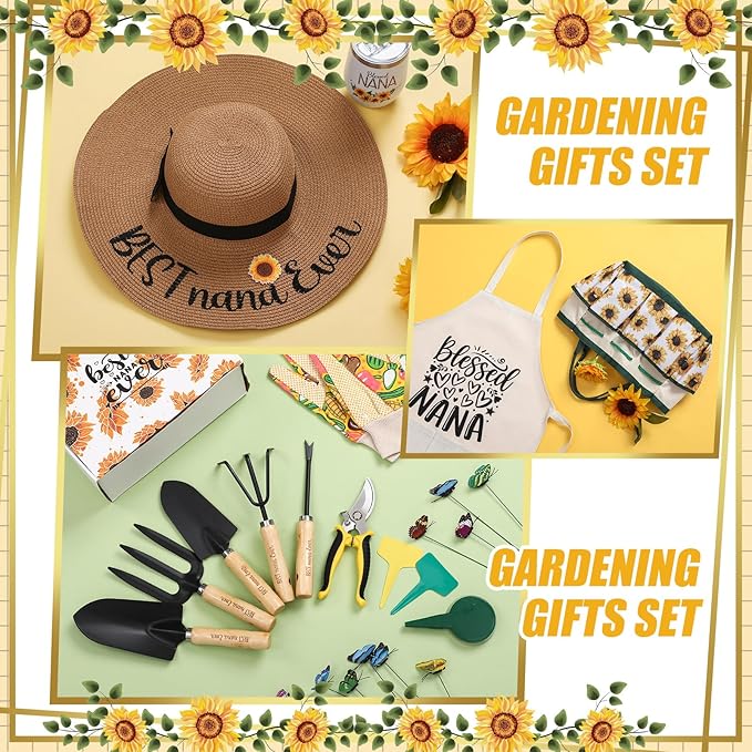 Lasnten 16 Pcs Mothers Day Garden Gift for Nana Women Garden Tools Sunflower Birthday Gardening Supplies from Grandson Gloves Apron Insulation Cup Fork Trowel Tote Bags for Plant Lover Present