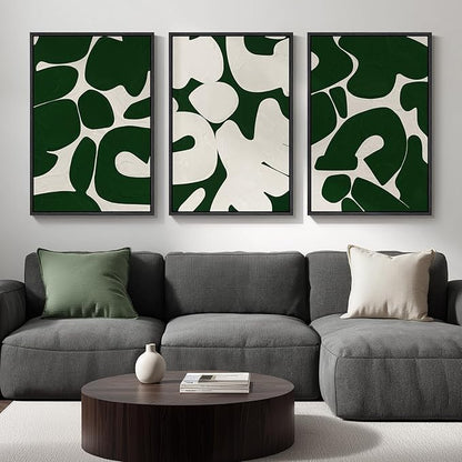 Large Framed Green and White Abstract Wall Art for Living Room, Set of 3 Minimalist Canvas Prints Paintings Artwork for Walls, Mid-Century Modern Pictures for Entryway, Hallway Wall Decor 24x36 In