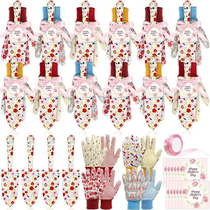 Sliner 12 Sets Floral Garden Shovels and Gloves Bulk Gardening Gift for Women, Heavy Duty Trowels with Mother's Day Cards and Bags for Mom Grandma Birthday Gift