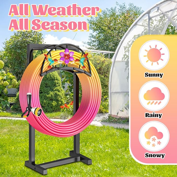 Garden Hose Holder, Heavy Duty Metal Water Hose Holders Stand with 4 Spikes, Freestanding Outdoor Water Pipe Storage Rack Hanger 150ft for Outside Yard Lawn Decor