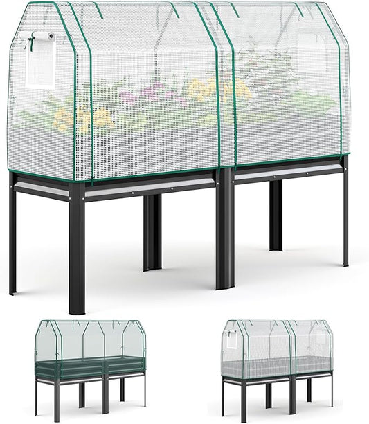 King Bird Large Raised Garden Bed with Cover & Netting Galvanized Elevated Planter Box with Legs 72×23×55 in for Backyard, Patio, Balcony, 700lb Capacity, Dark Grey