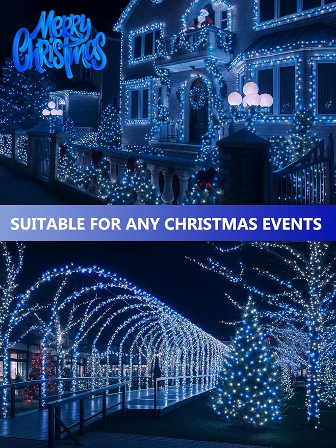 4 Pack Solar Christmas Lights Outdoor Waterproof, 132FT 400LED Solar String Lights Green Wire Fairy Lights, Solar Twinkle Lights with 8 Lighting Modes for Xmas Garden Decorations (Blue&White)