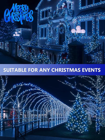 4 Pack Solar Christmas Lights Outdoor Waterproof, 132FT 400LED Solar String Lights Green Wire Fairy Lights, Solar Twinkle Lights with 8 Lighting Modes for Xmas Garden Decorations (Blue&White)