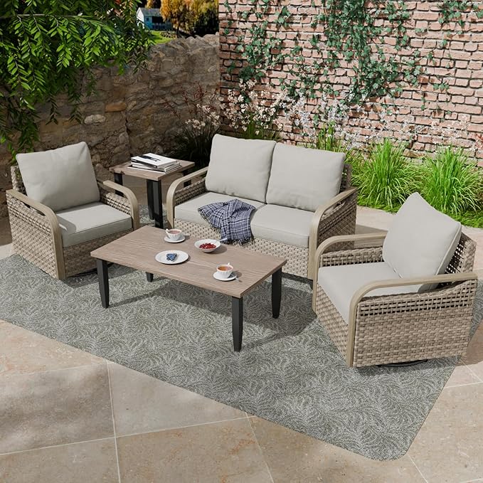 COOS BAY Modern Wicker Outdoor Furniture Set, Patio Conversation Set with Swivel Rockers, 2 Seat Loveseat, Coffee Table and Side Table, 5 Piece, Brown/Gray