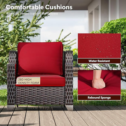 6 Pieces Wicker Patio Furniture, Luxury Outdoor Conversation Sets with 2 Patio Rattan Chair, 3-Seater Sofa, 2 Patio Ottoman and 1 Coffee Table, Wide Armrest, Thickened Cushions