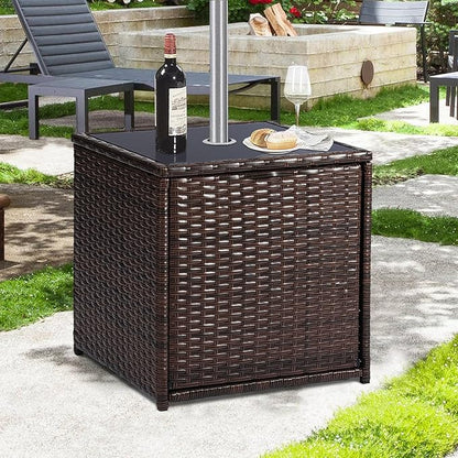 SUNNYPARK Outdoor Umbrella Side Table with 2 Weight Bags, 2-in-1 Patio Table with Umbrella Hole, All-Weather Handwoven PE Rattan Umbrella Base Stand for Deck Yard Garden Balcony Poolside