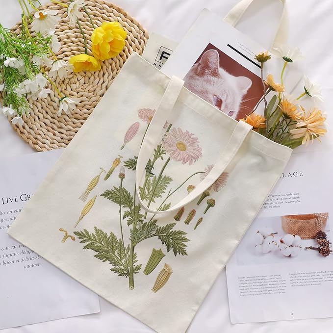 4 Pieces Floral Canvas Tote Bag for Women Book Club Gifts Cute Aesthetic Canvas Bags Bulk Flower Reusable Grocery Shopping Bag Aesthetic for Women
