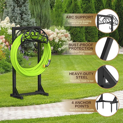 Freestanding Garden Hose Stand, Heavy Duty Water Hose Holder with Tool Hooks, 4 Anchoring Spikes, 150 ft Storage for Yard & Lawn