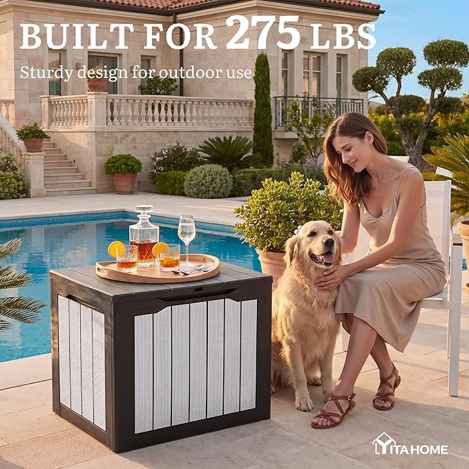 YITAHOME 30 Gallon Deck Box, Waterproof Resin Outdoor Storage Box, Doubles as Bench Seating for Patio Furniture Cushions,Garden Tools & Pool Accessories, Black & Gray