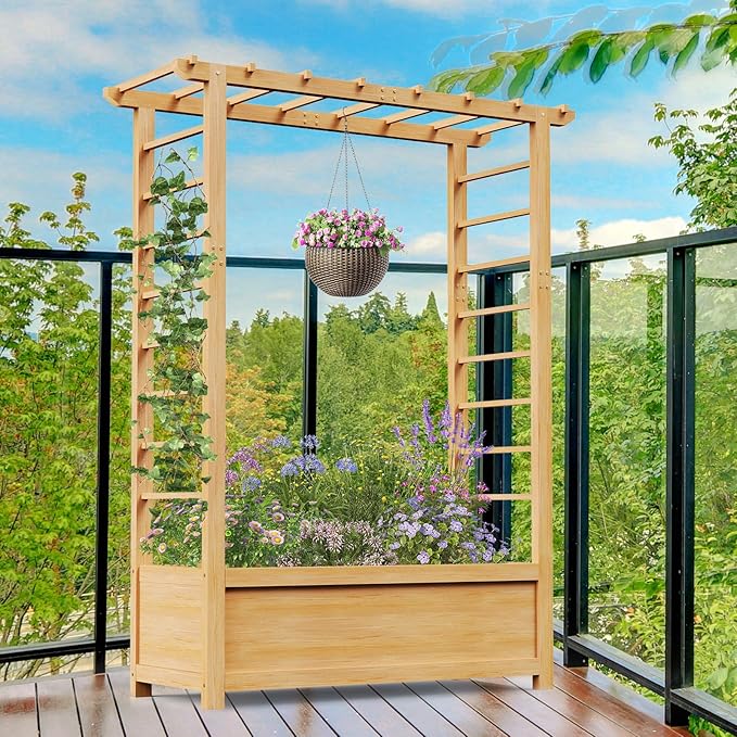 DoCred Raised Garden Bed with Trellis, Freestanding Wood Planter Box with Hanging Roof, Side Trellis Above Ground Elevated Garden Bed Outdoor Planter with Trellis for Climbing Plants Vines Patio